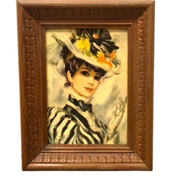 Victorian art Woman by John Strevens DAC NY litho print vintage wooden frame - Picture 1 of 9